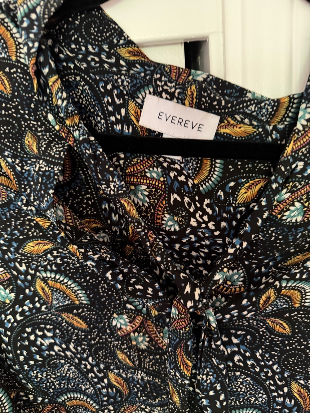 Evereve Black Floral Paisley Tie-Neck Blouse with Yellow and Teal Accents